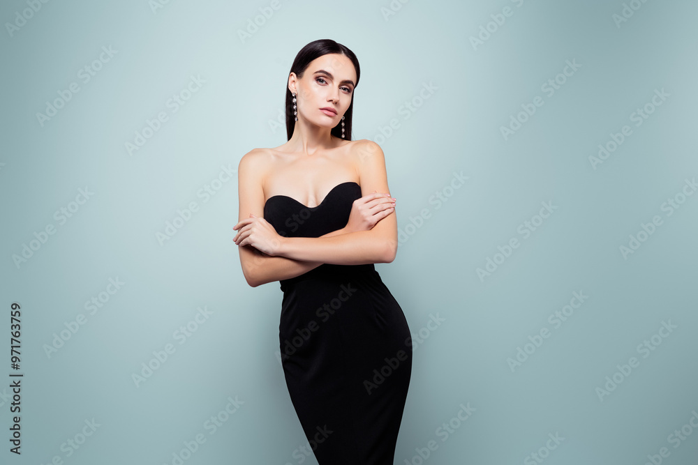 Photo of pretty classy girl wear glamour black outfit cross arms isolated grey white color background Photo of pretty classy girl wear glamour black outfit cross arms isolated grey white color background
