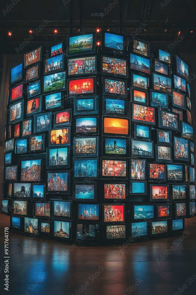 A wall with many TV television screens, various colorful broadcasts. Abstract TV media background A wall with many TV television screens, various colorful broadcasts. Abstract TV media background