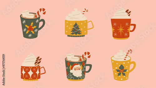 Set of christmas hot drinks. Retro cups with drink for new year and merry christmas.