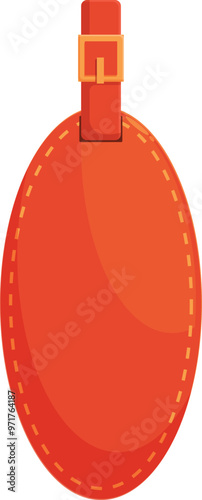 This orange leather luggage tag is hanging on a suitcase, ready to help identify your belongings