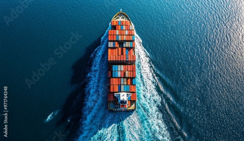 Large cargo ship navigating through open waters while transporting colorful shipping containers in daylight photo