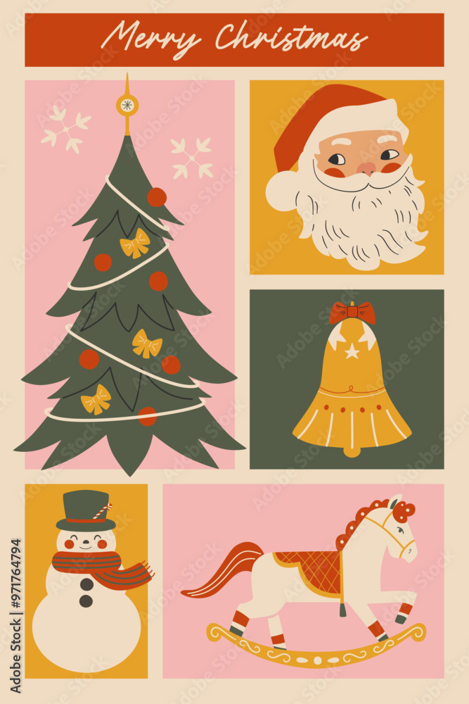 Fototapeta premium Retro christmas poster. Vintage design merry christmas. Banner template for celebration merry christmas and new year.