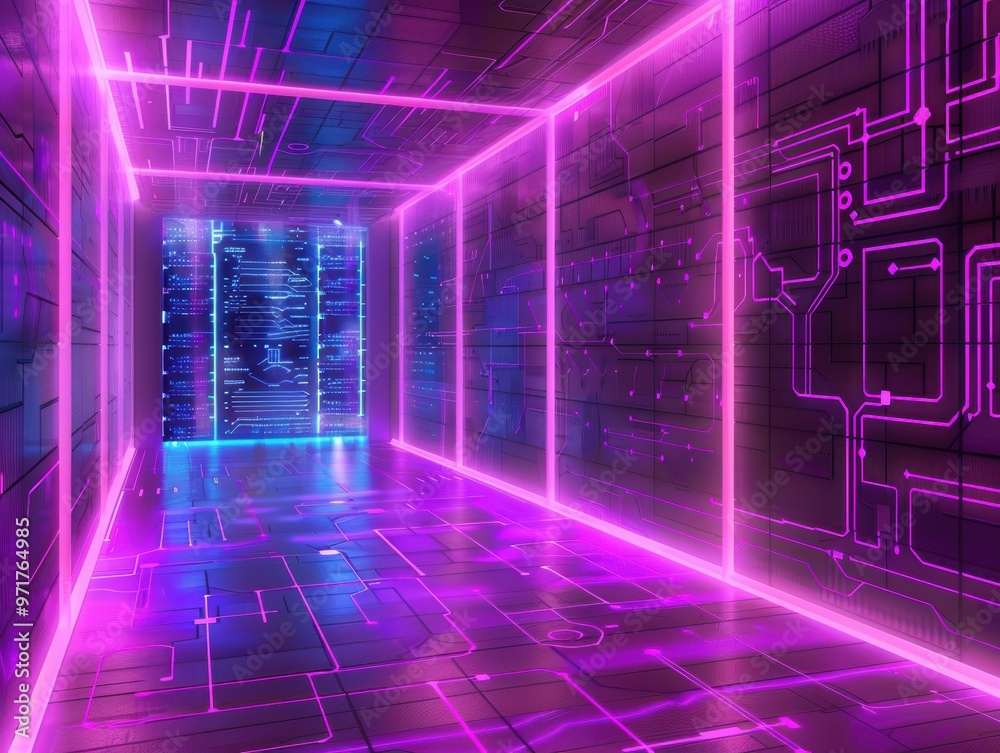 Naklejka premium Futuristic room illuminated with neon lights and circuit patterns, creating a high-tech, digital atmosphere.