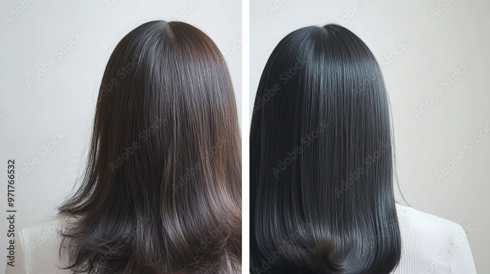 Before-and-after image of a woman's hair, showcasing the dramatic transformation achieved through a hair treatment. The left side depicts her hair before the treatment Before-and-after image of a woman's hair, showcasing the dramatic transformation achieved through a hair treatment. The left side depicts her hair before the treatment