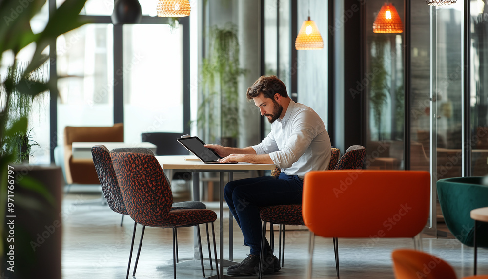 A man working on a tablet in a modern office space or a hotel lobby A man working on a tablet in a modern office space or a hotel lobby