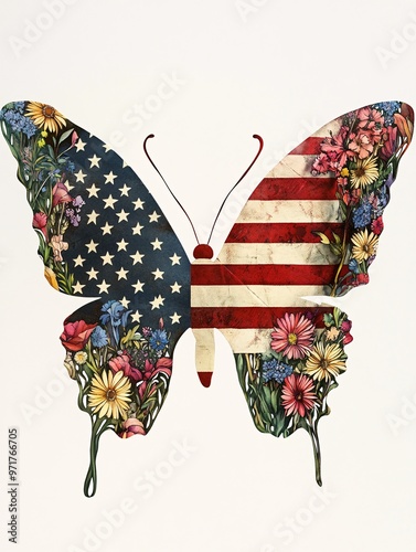 A colorful butterfly featuring the American flag surrounded by vibrant flowers in a creative and artistic design photo