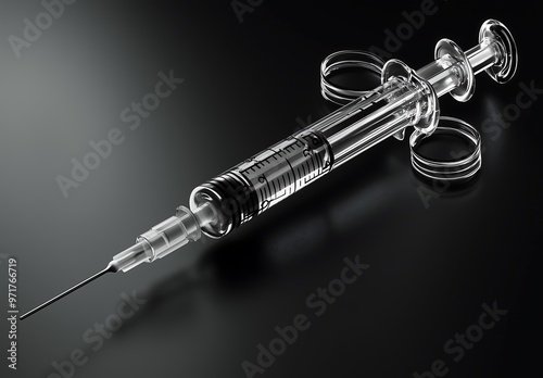 Transparent syringe on black reflective surface in dark setting photo