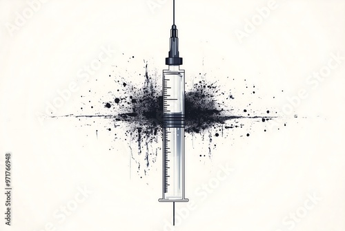 Abstract syringe illustration with black ink splatter design photo