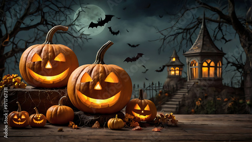 Haunted background with illustrations of pumpkins, a cemetery and bats in the middle of a full moon. Illustration for banners, posters, greetings and Halloween celebrations.