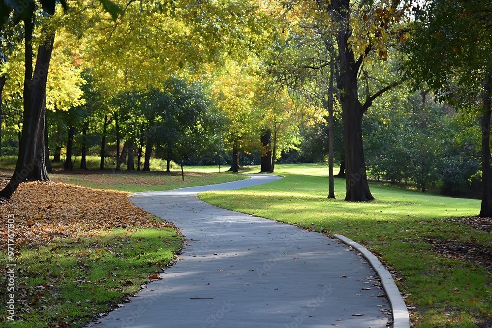 Winding paved path through a lush green park with autumn leaves. Winding paved path through a lush green park with autumn leaves.