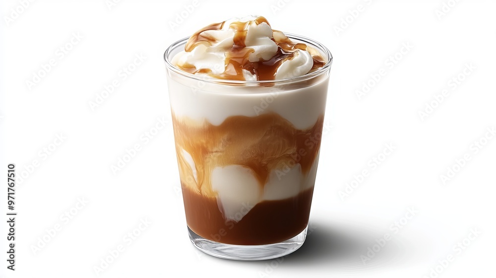 Delectable iced caramel macchiato artfully layered in a transparent cup, showcasing intricate swirls of rich coffee, velvety milk, and luscious caramel. Delectable iced caramel macchiato artfully layered in a transparent cup, showcasing intricate swirls of rich coffee, velvety milk, and luscious caramel.