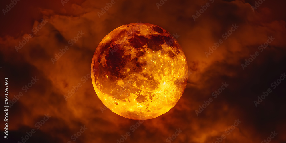 A large orange moon is in the sky with a cloudy background A large orange moon is in the sky with a cloudy background