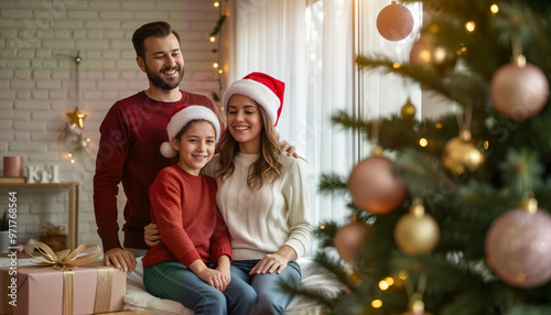 A joyful family in Santa hats smiles together by a beautifully decorated Christmas tree, with a gift nearby. Perfect for holiday marketing, greeting cards, and festive social media posts