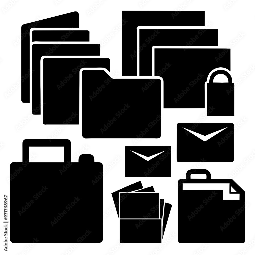 Black silhouette icons of files folders and documents on a white background perfect for illustrating organization or documentation Black silhouette icons of files folders and documents on a white background perfect for illustrating organization or documentation