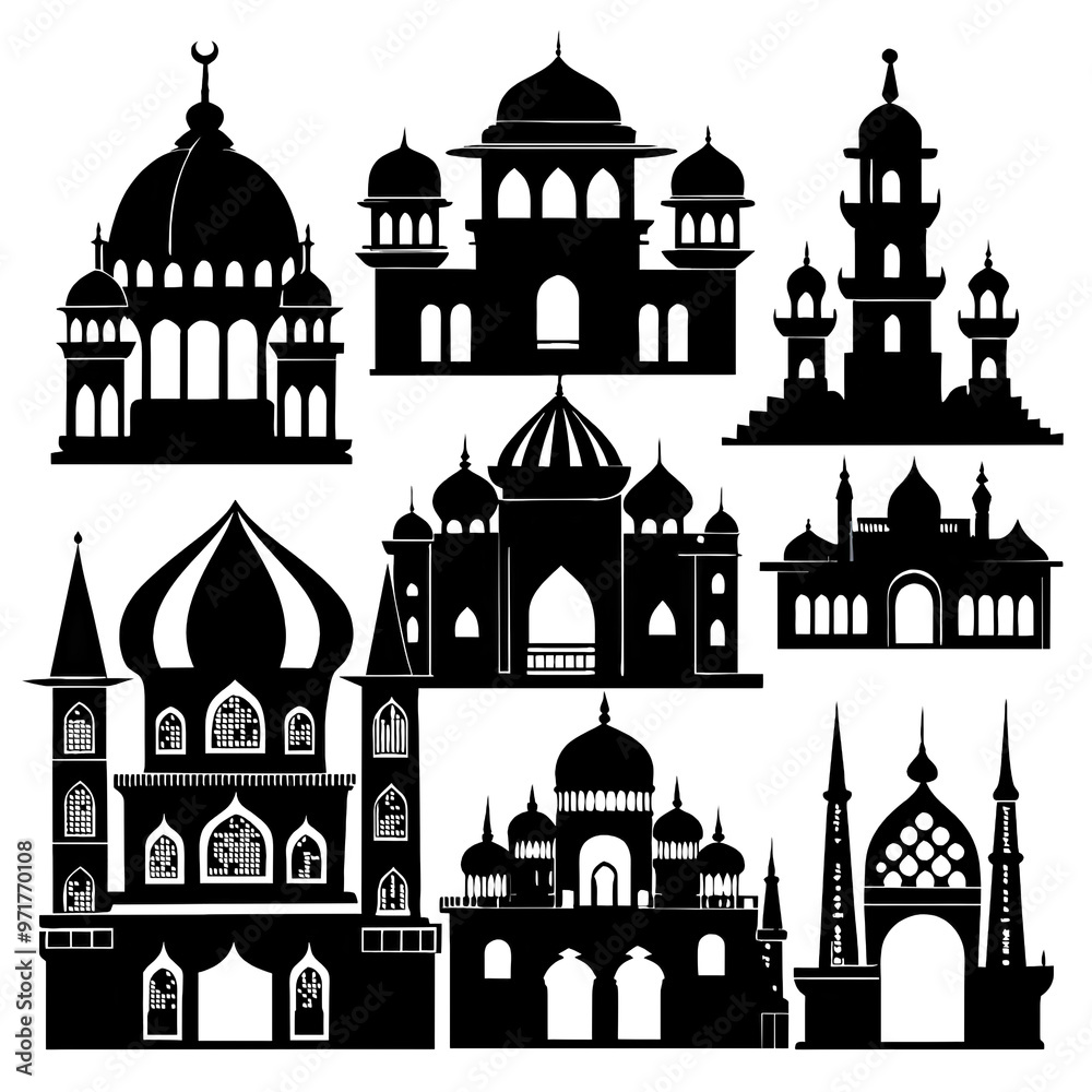 This artwork features a set of elegant palaces depicted as black silhouettes displaying various architectural designs against a clean white backdrop