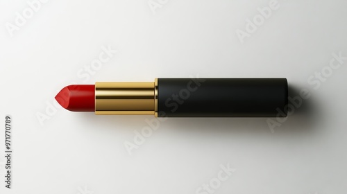 Mesmerizing red lipstick tube elegantly encased in a sophisticated black and gold exterior, captured against a pristine white backdrop. 