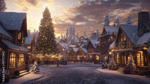 Picturesque Christmas Village at Dusk with Snowy Rooftops and Festive Decor for Holiday Cards or Posters