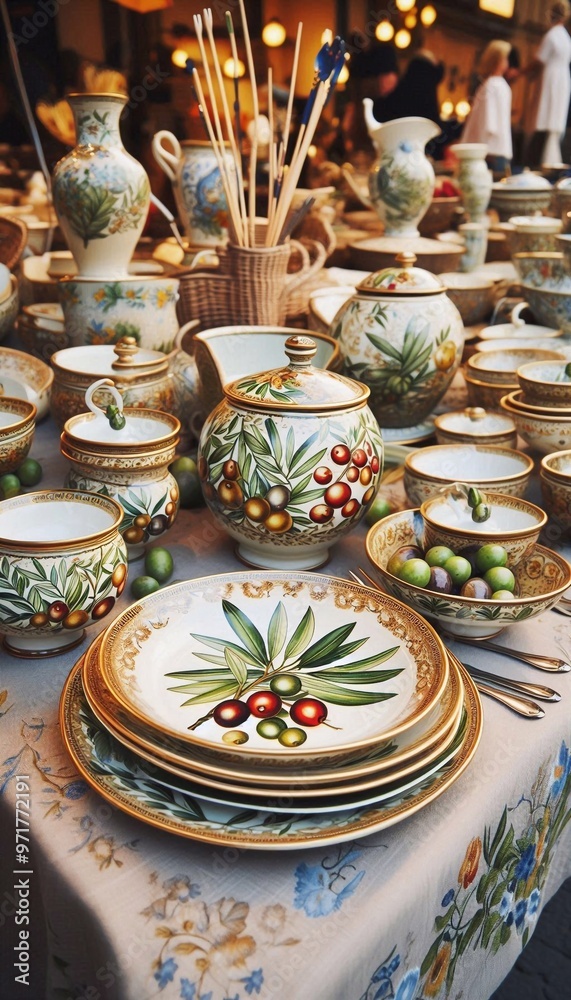 Italienische Töpferwaren mit einem Olivenmotiv auf einem Markt Italienische Töpferwaren mit einem Olivenmotiv auf einem Markt