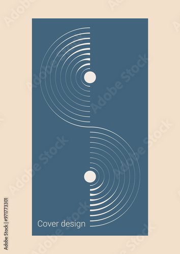 Abstract design with rounded elements in a blue square on a beige background. Retro design with geometric shapes. Geometric abstract cover. Template. Background, poster, brochure, advertising.