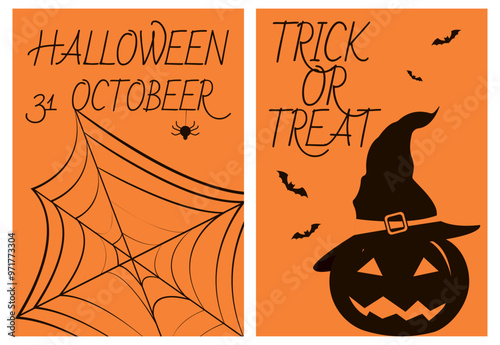 Retro Halloween poster. Simple Halloween posters. Template. Web and spider. Witch hat and pumpkin. Scary face on pumpkin. Scary holiday.