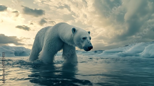 Adorable polar bear examining ice for fish with keen interest