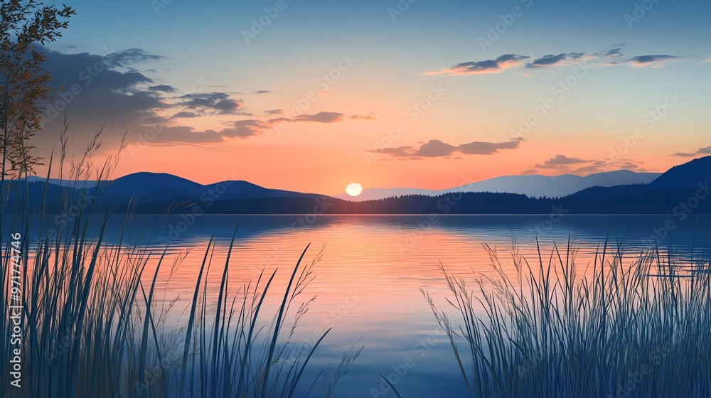 Peaceful lake sunset with mountains in the distance. Peaceful lake sunset with mountains in the distance.