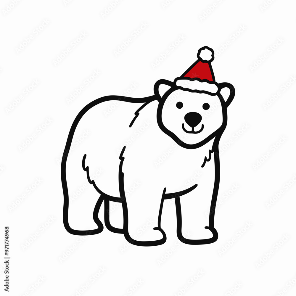 Fototapeta premium Adorable polar bear wearing a Santa hat standing on a white background with copy space