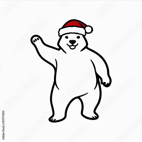 Friendly polar bear waving while wearing a Santa hat on a white background with copy space