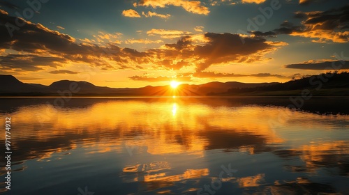 A scenic landscape of a lake with mountains reflecting in the water at sunset.