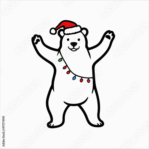 Festive polar bear in a Santa hat with Christmas lights dancing joyfully on a white background with copy space 