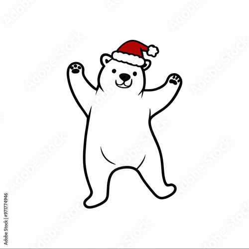 Joyful polar bear in a Santa hat dancing happily on a white background with copy space