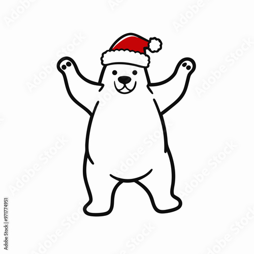 Excited polar bear in a Santa hat celebrating joyfully on a white background with copy space
