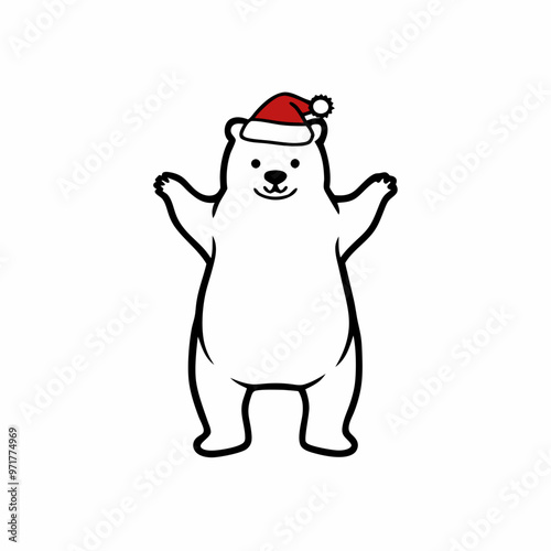 Jolly polar bear in a Santa hat celebrating joyfully on a white background with copy space
