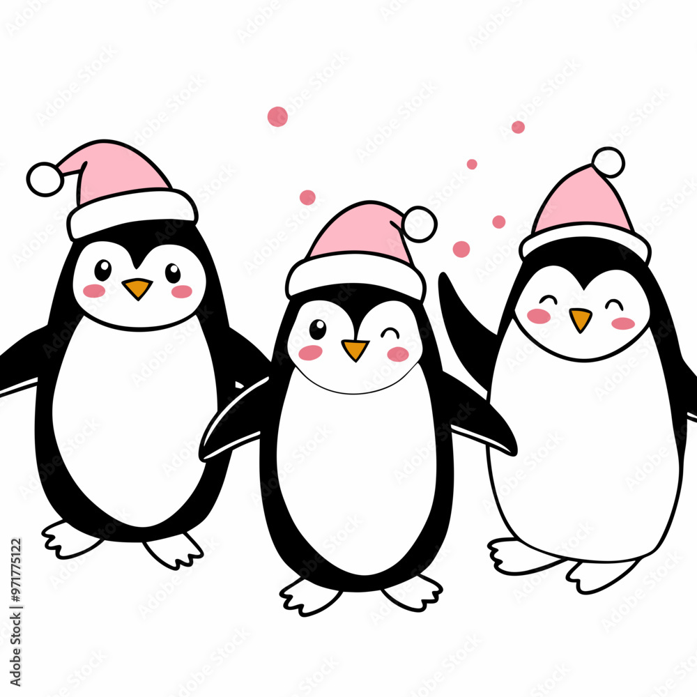 Three cheerful penguins wearing pink Santa hats celebrating together on a white background with copy space
Three cheerful penguins wearing pink Santa hats celebrating together on a white background with copy space