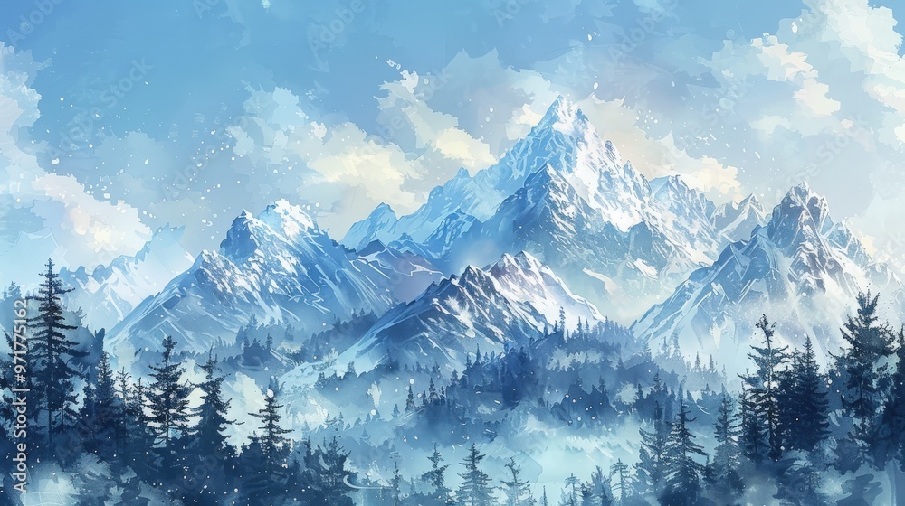 Obraz premium Generate a high-resolution watercolor painting of a traditional mountain landscape with snowy peaks, pine forests, and a clear blue sky