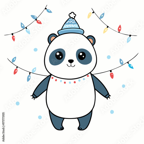 Festive panda wearing a blue hat and Christmas lights celebrating joyfully on a white background with copy space
