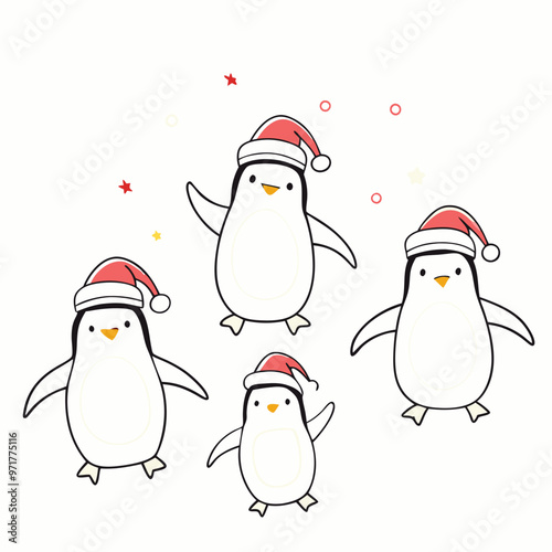 Four cheerful penguins wearing red Santa hats dancing and celebrating on a white background with copy space
