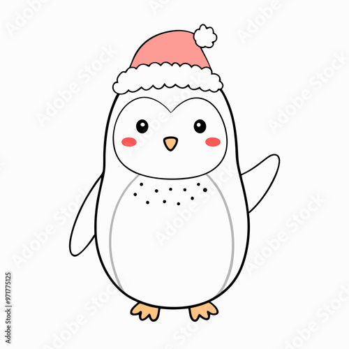 Adorable penguin wearing a pink Santa hat waving on a white background with copy space
