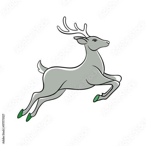 Elegant reindeer leaping in a light gray shade with green hooves on a white background for winter celebrations
