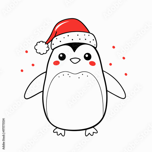 Cute penguin wearing a Santa hat with a cheerful expression on a white background with copy space

