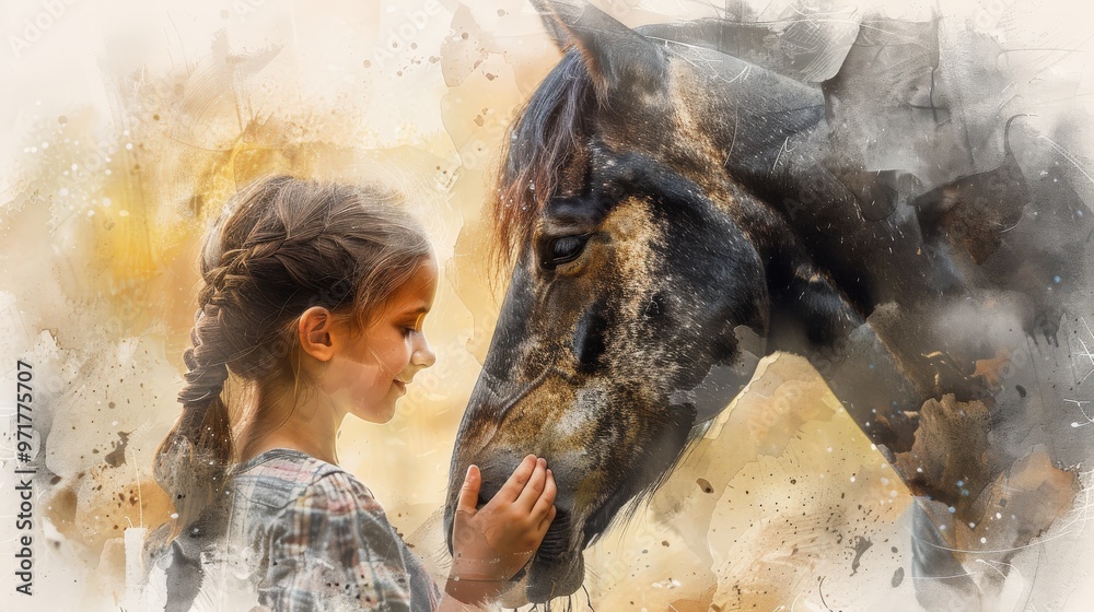 Fototapeta premium Generate a digital watercolor portrait of a young girl feeding a horse, with detailed brushstrokes and a soft, dreamy color palette