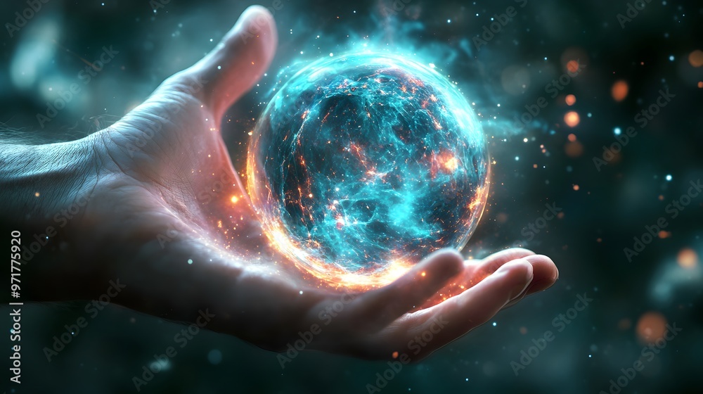 Hand Holding a Cosmic Orb: A hand holding a glowing, energy-filled orb that pulses with the power of the cosmos.
Hand Holding a Cosmic Orb: A hand holding a glowing, energy-filled orb that pulses with the power of the cosmos.