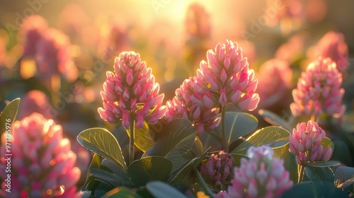 Vibrant pink and purple wildflowers blooming in a peaceful garden bathed in the warm glow of a setting sun  The delicate petals and lush foliage create a serene photo