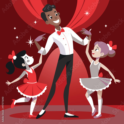 A ballet teacher enthusiastically instructs two young girls dressed in colorful dresses during an engaging dance class on a bright stage