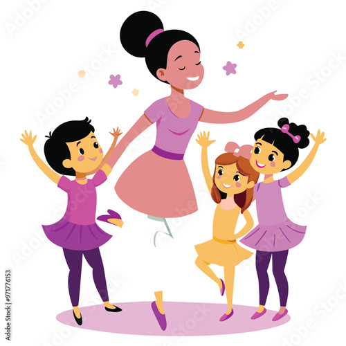 A ballet teacher guides a group of enthusiastic little girls in a lively dance during a lively class at the studio filled with joy and movement