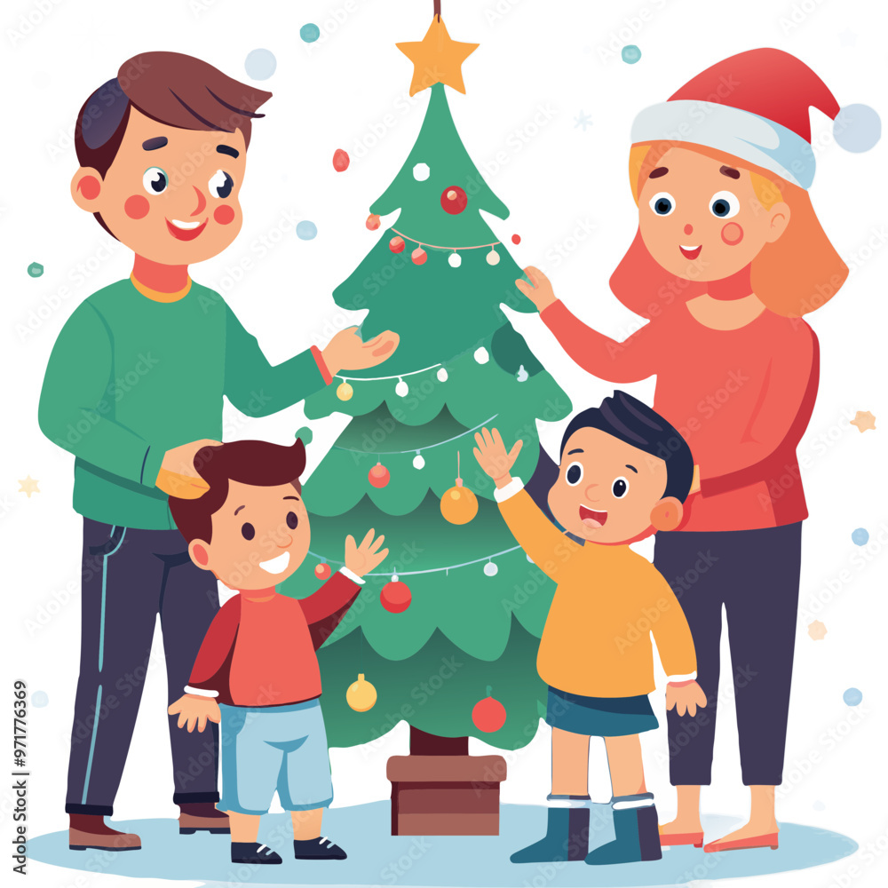Family decorating a Christmas tree together in a cozy living room Family decorating a Christmas tree together in a cozy living room