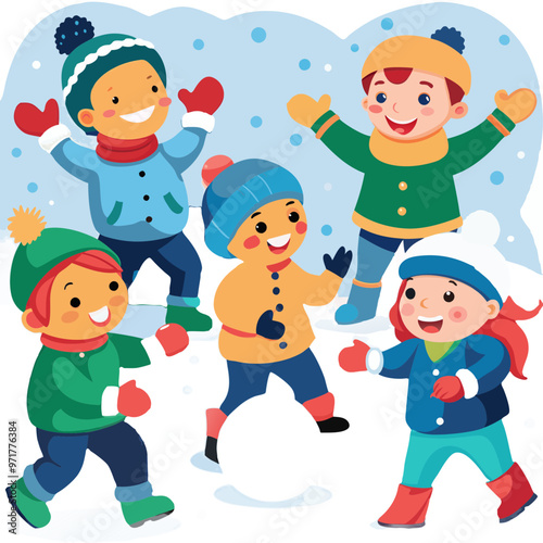 Children throwing snowballs in a snowy park during winter fun