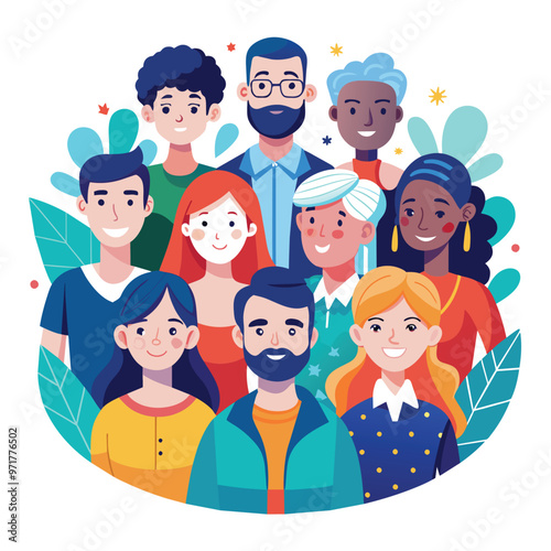 A lively gathering of friends showcases their joy and camaraderie in a colorful illustration with playful foliage surrounding them