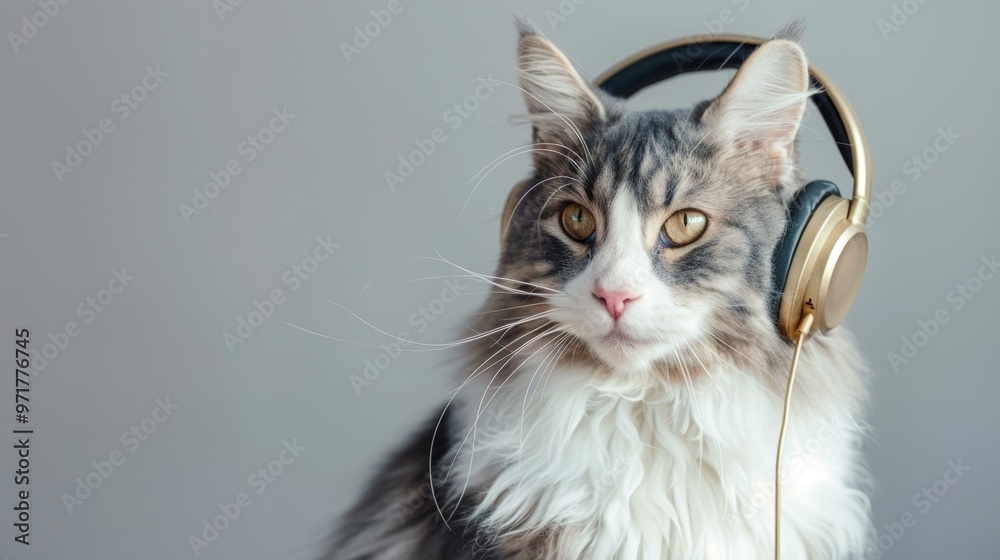 Regal Norwegian Forest Cat Wearing Gold Headphones Against a Grey Background Regal Norwegian Forest Cat Wearing Gold Headphones Against a Grey Background