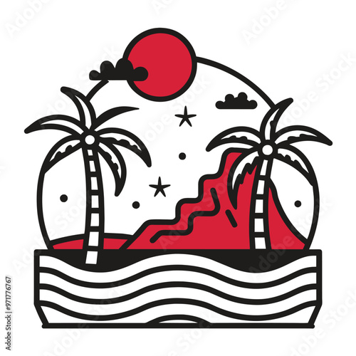 The peaceful beach at night showcases gentle waves palm trees swaying in the breeze and a glowing moon reflecting over the tranquil water
